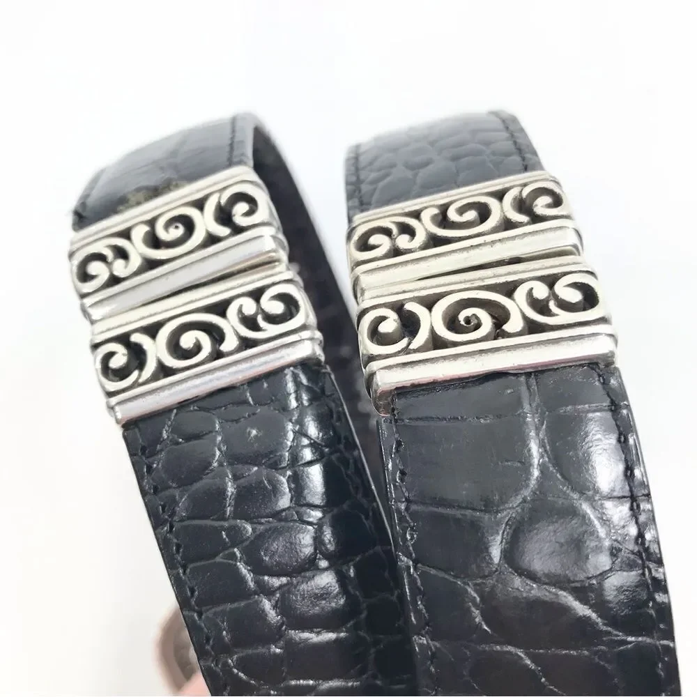 Brighton Black Brown Reptile Embossed Silver Scroll Hardware Reversible Belt